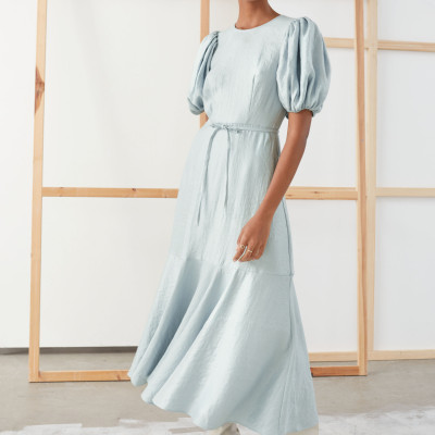Metallic Crepe Puff Sleeve Midi Dress