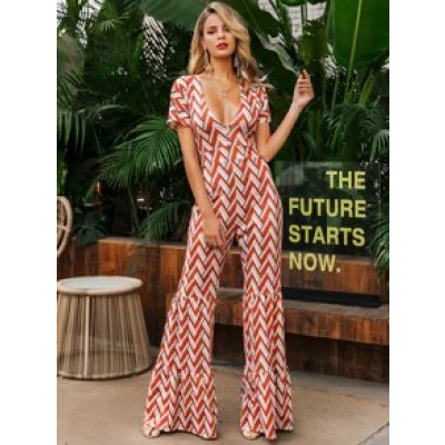 Tied Back Flare Leg Chevron Jumpsuit