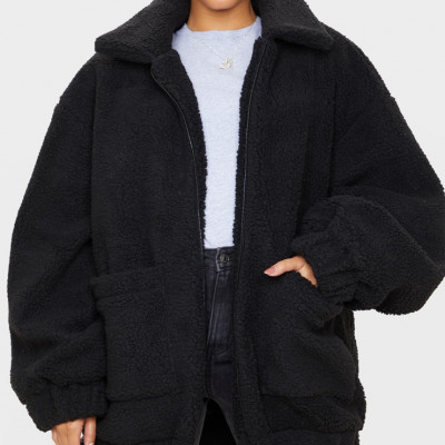 Black Oversized Borg Pocket Front Coat