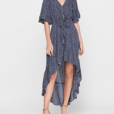 Printed Flutter Sleeve Hi-Lo Maxi Dress Blue Womens XXS
