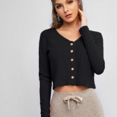 Solid Ribbed Button Up Cardigan - Black