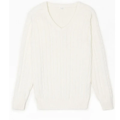 John Galt White Nikki V-Neck Cable Knit Sweater