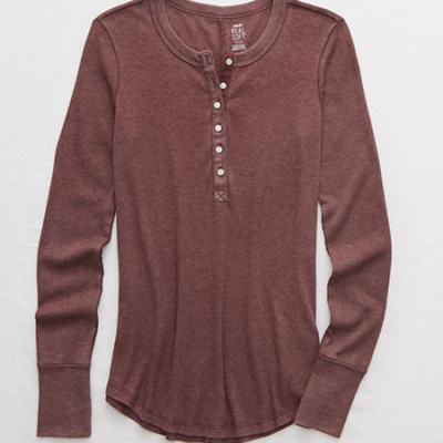 Aerie Ribbed Henley Long Sleeve T-Shirt Womens Maplewood