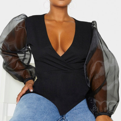 Plus Black Organza Sleeve Peplum Top