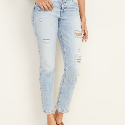 High-Waisted Distressed Power Slim Straight Button-Fly Jeans For Women