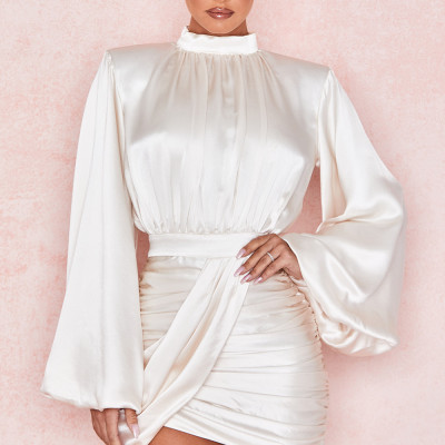 Ivory Satin Blouson Dress