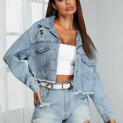 Ripped Raw Hem Flap Pocket Denim Jacket