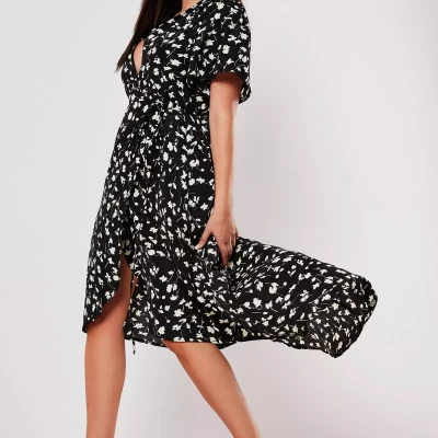 Plus Size Black Floral Wrap Midi Dress