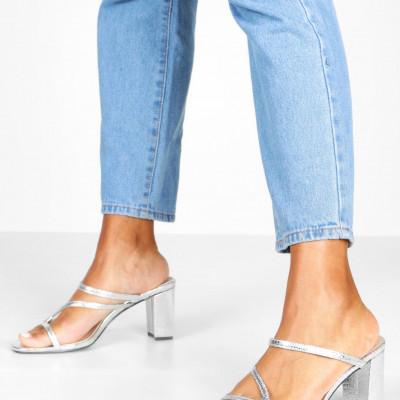 Asymmetric Strappy Low Heel Mules- silver