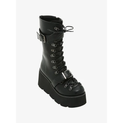 Black Lace-Up Double-Buckle Platform Boots