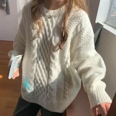 White Cream Long-Sleeve Plain Cable Knit Sweater