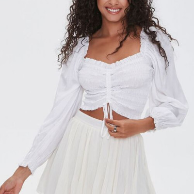 Ruched Drawstring Ruffle-Trim Top