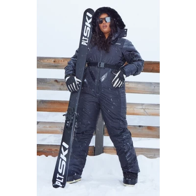 PRETTYLITTLETHING SKI Plus Black High Shine Faux Fur Hooded Belted Snow Suit