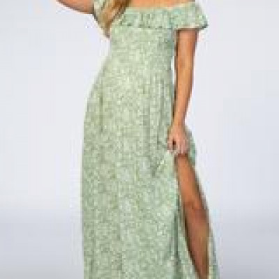Green Floral Ruffle Off Shoulder Maternity Maxi Dress