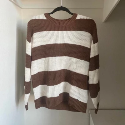 Hollister Brown and white striped oversized knit sweater