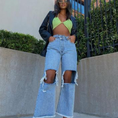 Holly Asymmetric Straight Leg Jean Knee Rips Light Wash Denim