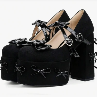 Womens Mary Jane Heels Platform Chunky Bow Heels Goth Round Toe Shoes Chunky High Heel Y2K Heels | SHEIN USA