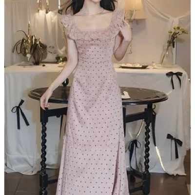 Cap-Sleeve Square Neck Dotted Lace Trim Midi A-Line Dress Pink