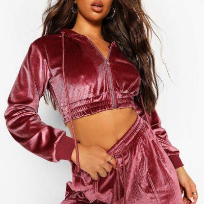 Womens Deep Waistband Cropped Velour Hoodie - Pink - 2