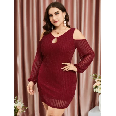 Plus Size Cold Shoulder Lace Button Keyhole Design Dress