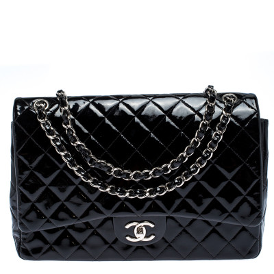Chanel Black Quilted Patent Leather Maxi Classic Double Flap Bag