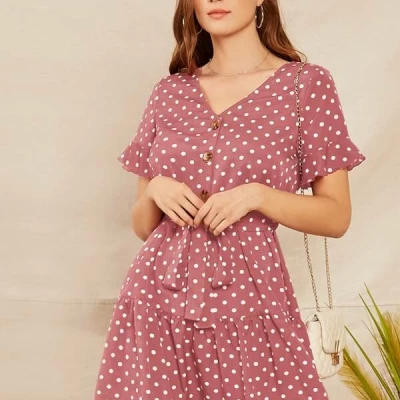 V-neck Button Detail Ruffle Hem Belted Polka Dot Dress