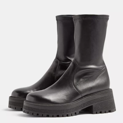 Black Leather Chunky Sock Boots