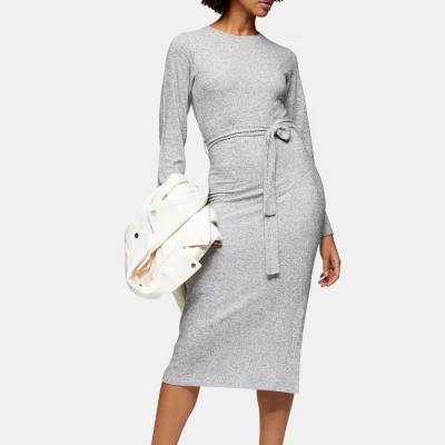 Gray Marl Cut And Sew Belted Midi Dress