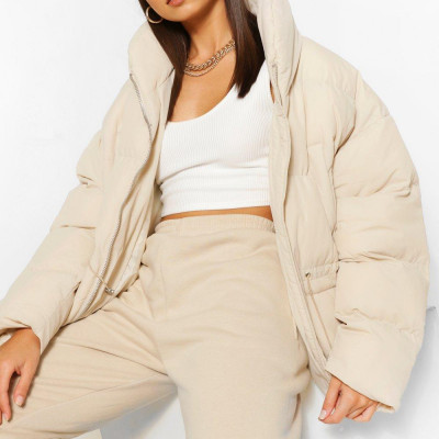 Womens Funnel Neck Waist Detail Puffer - Beige - 4