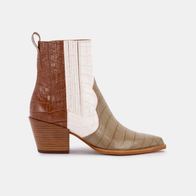 Serna Booties In Olive Multi Croco Print Leather