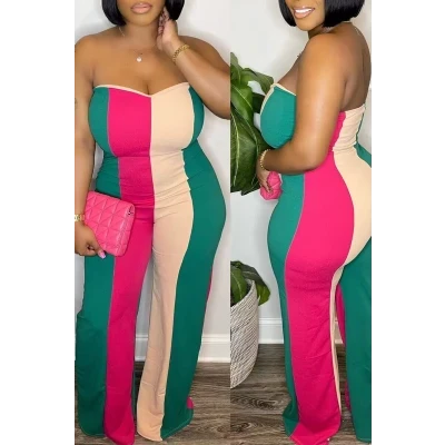 Colour Sexy Striped Patchwork Strapless Boot Cut Jumpsuits