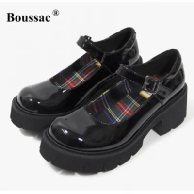 Patent Leather Vintage Platform Mary Janes Shoes Women Plaid Inside