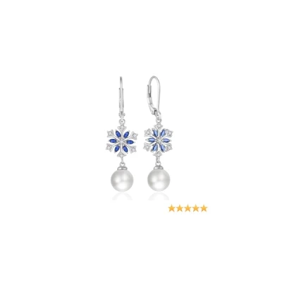 Oskani Snowflake Pearl Dangle Drop Earrings for Women 925 Sterling Silver 5A Cubic Zirconia Birthstone Hypoallergenic Leveback Earrings Jewelry Winter Christmas Birthday Gifts for Her