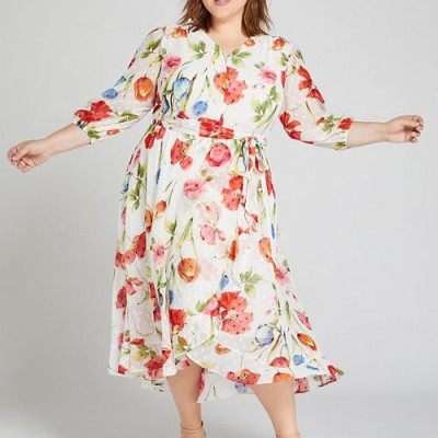 Textured Floral Ruffle-Hem Midi Dress