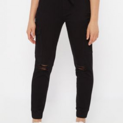 Black Ripped Twill Cargo Joggers