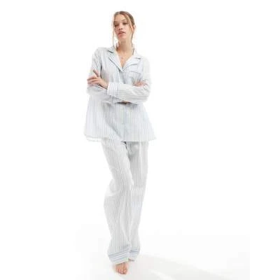 ASOS DESIGN woven stripe long sleeve shirt & trouser pyjama set in blue