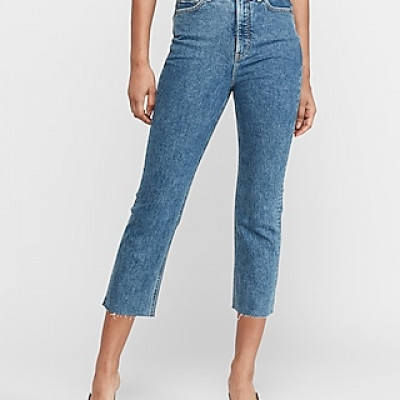 Super High Waisted Raw Hem Straight Cropped Jeans