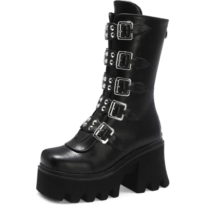 Amazon.com | YIYA Women&#39;s Black Platform Goth Boots Studded Wide Mid Calf Combat Punk Boots Round Toe Buckle Chunky Heel Back Zipper Thick Sole Ankle Booties | Ankle &amp; Bootie