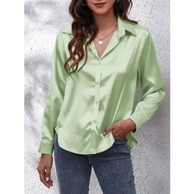 Neutral Solid Silky Satin Button Down Shirt