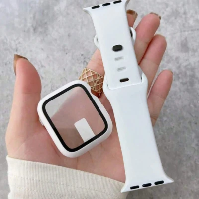 2-In-1 Watch Band & Case Set, White Soft Comfortable Silicone Sports Watch Band, Ultra-Thin Tempered Glass Screen Protector Case, Compatible With Apple Watch Series Ultra/SE/1-10 38/40/41/42/44/45/46/49mm | SHEIN USA