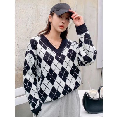 DAZY Argyle Pattern Drop Shoulder Sweater