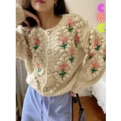 Chic Knit Floral Vintage Style Cardigan, Button Up, Long Sleeve, Hand Knit Floral Embroidered Sweater | Cream | Loungewear, Very Soft, Cozy