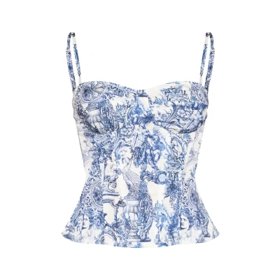 Blue Renaissance Print Structured Corset Top