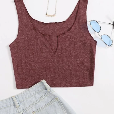 Notched Neck Lettuce Trim Tank Top