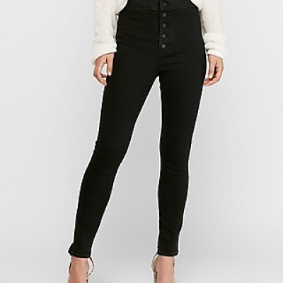 Super High Waisted Hyper Stretch Black Button Fly Ankle Jeggings, Womens Size:XXS