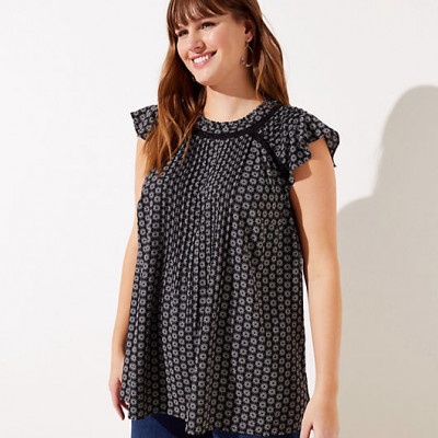 LOFT Plus Floral Lace Trim Pintucked Flutter Shell