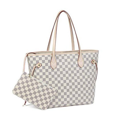 Daisy Rose Checkered Tote Shoulder Bag With Inner Pouch - PU Vegan Leather (Brown)