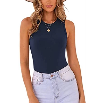 Women's Sexy Sleeveless Racer Back Halter Neck Ribbed Bodysuit Tank Tops