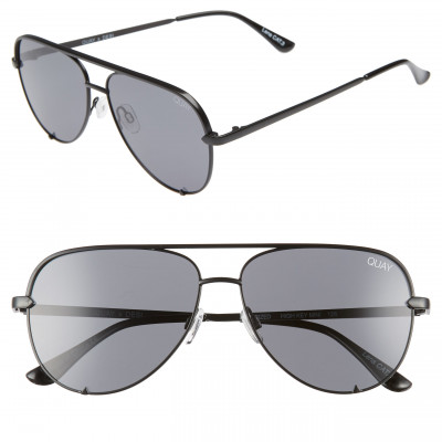 Womens Quay Australia High Key Mini 57mm Aviator Sunglasses - Black/ Smoke