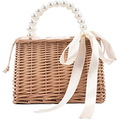 Amazon.com: Pearl Handle Rattan Handbag, Straw Shoulder Bag Tote Bags, Mini Basket Handbag : Clothing, Shoes &amp; Jewelry